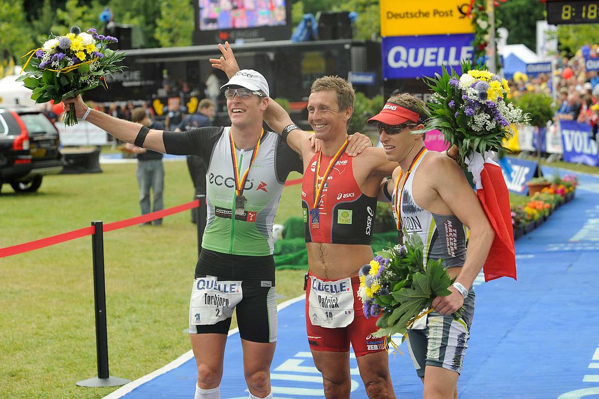 2008: Podium ohne Deutsche - Torbjorn Sindballe (Dänemark), Patrick Vernay (Neukaledonien) und Pete Jacobs (Australien)