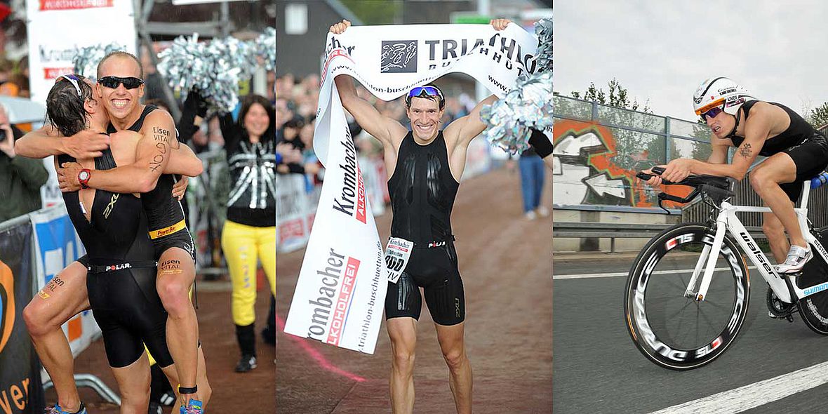 2010: Sebastian Kienle macht seinen Titelhattrick perfekt und feiert im Ziel mit dem Andi Böcherer (2.)