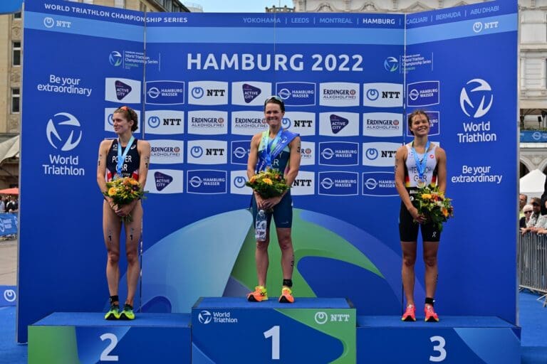 Das Hamburg-Podium 2022: Beth Potter, Flora Duffy und Lisa Tertsch (v.l.)