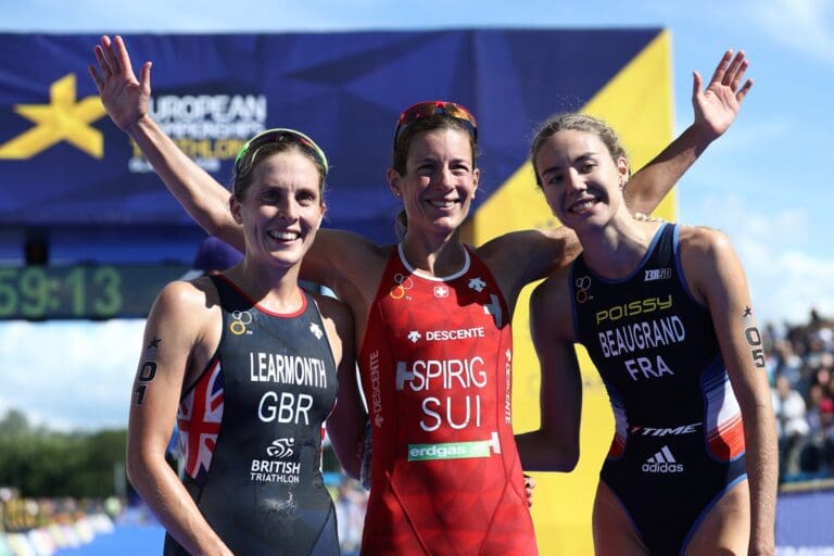 Das Podium der European Championships 2018: Jessica Learmonth, Nicola Spirig und Cassandre Beaugrand  (v.l.)