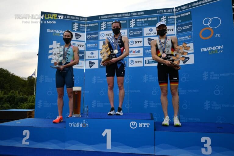 Das WM-Podium der Frauen: Flora Duffy, Georgia Taylor-Brown und Laura Lindemann (v.l.)