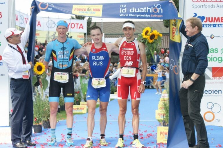 Die Top 3 beim Powerman Zofingen 2017: Seppe Odeyn, Maxim Kuzmin und Søren Bystrup