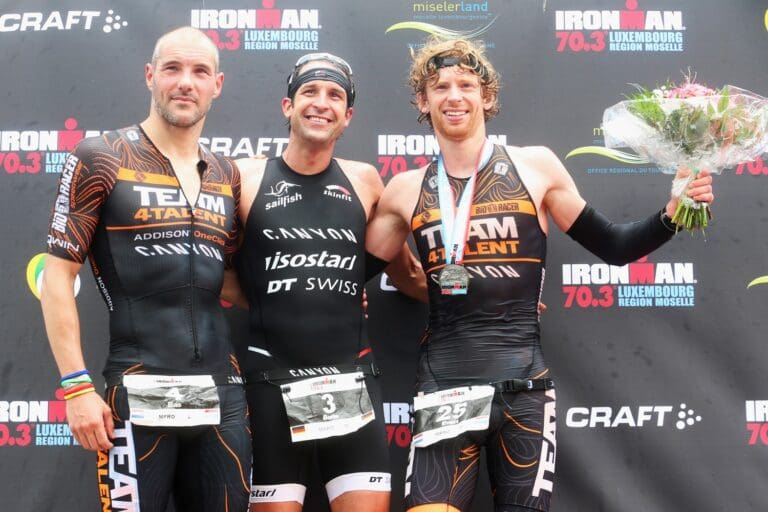 Das Männerpodium beim Ironman 70.3 Luxemburg 2016: Bas Diederen, Boris Stein und Evert Scheltinga (v.l.)