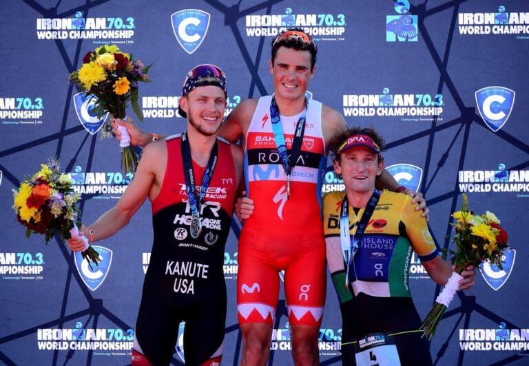 Das Podium der Ironman 70.3 WM 2017: Ben Kanute, Javier Gómez und Tim Don (v.l.)