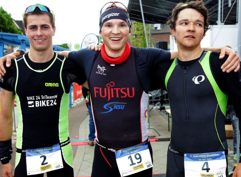 Das Männer-Podium der Kurzduathlon-DM 2016: John Heiland, Dominik Sowieja, Theodor Popp (v.l.)