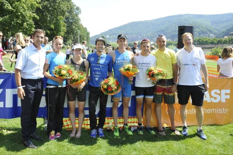 Dr. Markus Gomer (BASF SE), Berg, Berlinger, Lange, Angert, Kundel, Jürgen Hilberath (Geschäftsführer BASF Triathlon-Cup Rhein-Neckar), Peter Verclas (Rennleiter HeidelberMan) (v.l.)