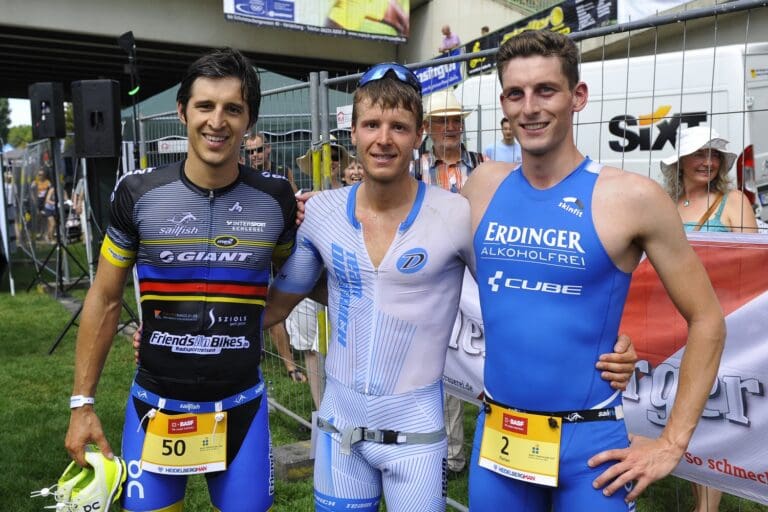 Die Top 3 beim HeidelbergMan 2017. Julian Mutterer, Markus Rolli und Florian Angert (v.l.)