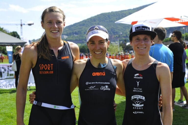 Das Podium der Frauen beim HeidelbergMan 2017: Anne Reischmann, Anne Haug und Lena Berlinger (v.l.)