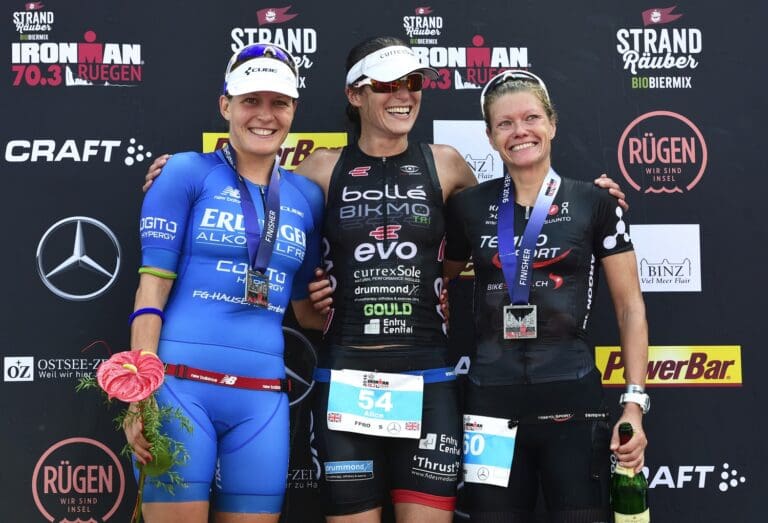 Das Frauen-Podium beim Ironman 70.3 Rügen 2016: Daniela Sämmler, Alice Hector und Anna Halasz (v.l.)