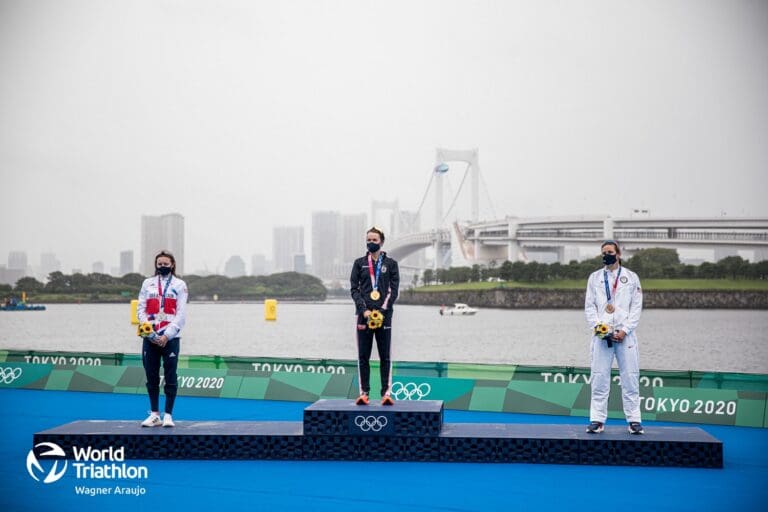 Das Podium: Georgia Taylor-Brown (GBR), Flora Duffy (BER) und Katie Zaferes (USA) (v.l.)