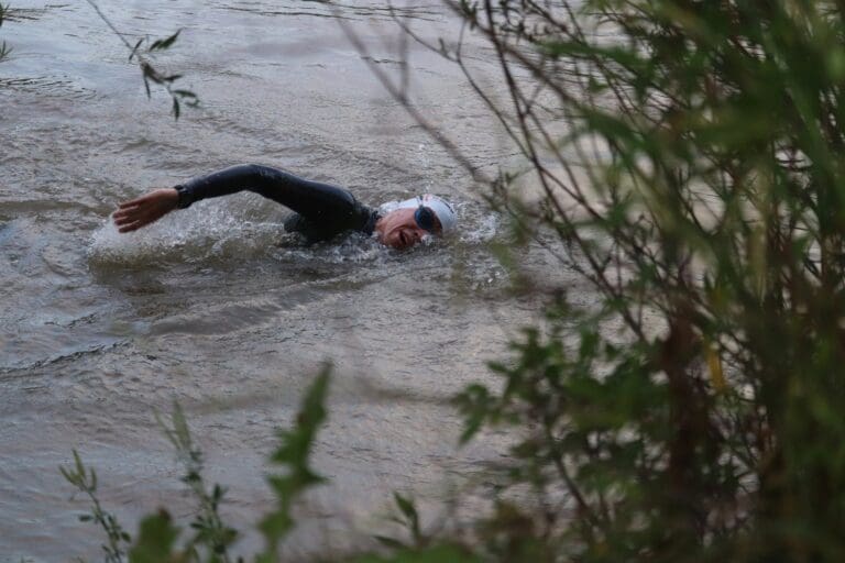 Harte Arbeit beim Schwimmen gegen die Strömung der Mur